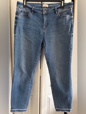 LOFT Women's Medium Wash Blue Skinny Jeans with Frayed Hem